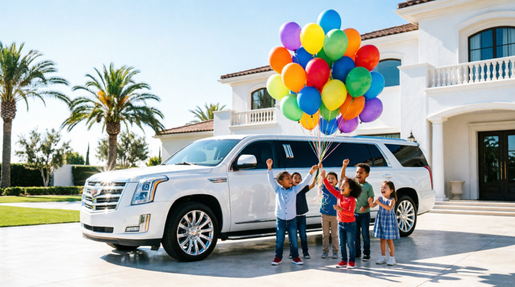 Children holding colorful balloons beside a white limousine in front of a modern house.